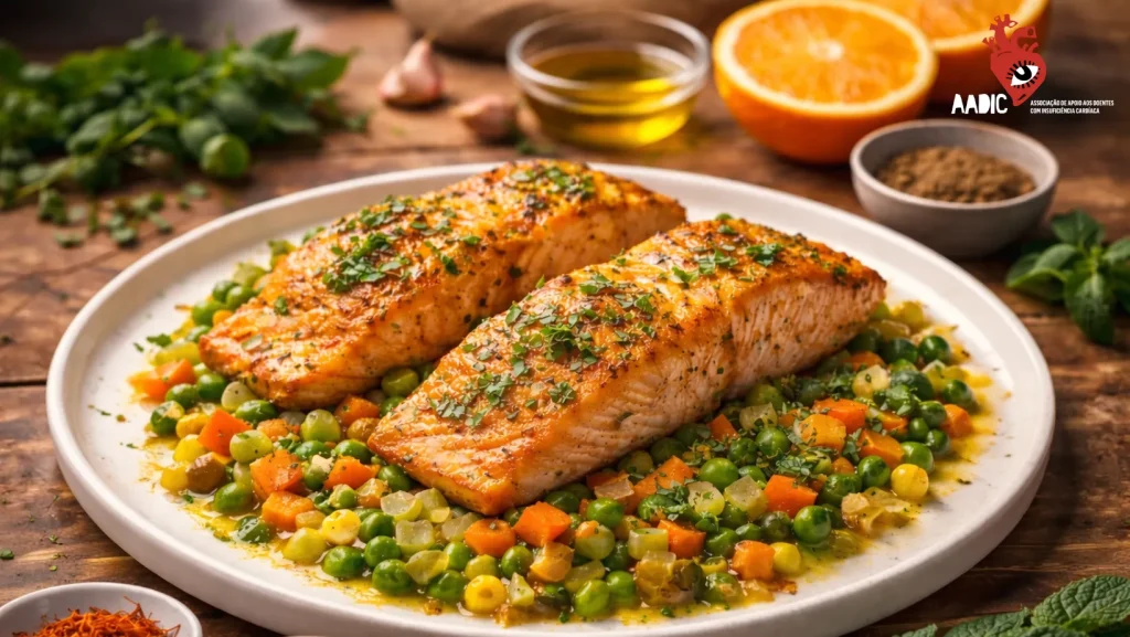 Receita Lombos de salmão salteados com jardineira de vegetais